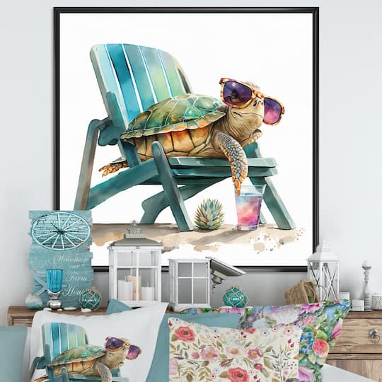 Designart 'Turtle Laying On A Beach Chair With Sunglasses I' Animals Framed Canvas Wall Art